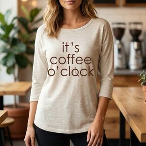 Ten Sixty Sherman Coffee OClock Graphic Top Soft Knit Oatmeal 3/4 Sleeve Shirt